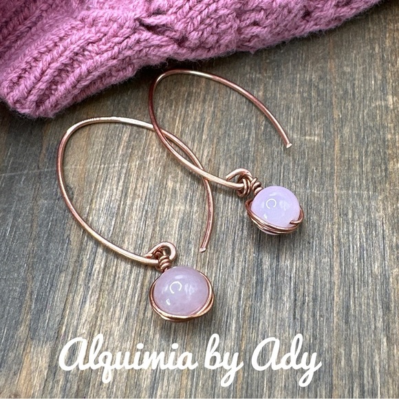 Pink Quartz dangle bon bon earrings/unconditional love copper extra long - Picture 1 of 6